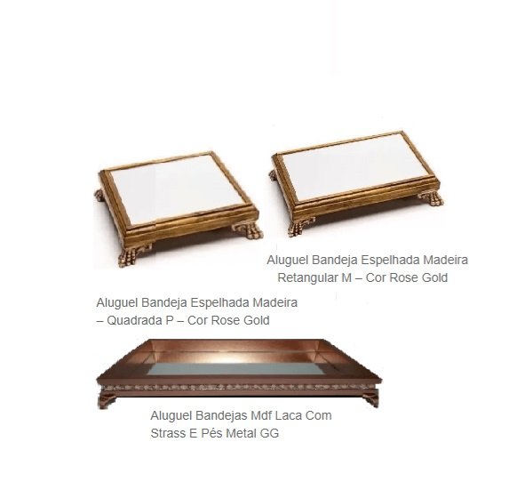 Aluguel Kit Bandejas Espelhada Madeira – Quadrada P, M e GG – Cor Rose Gold